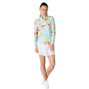 IBKUL Mock Neck Longsleeve Floral Print Shirt Blue Small Preppy Golf Tennis